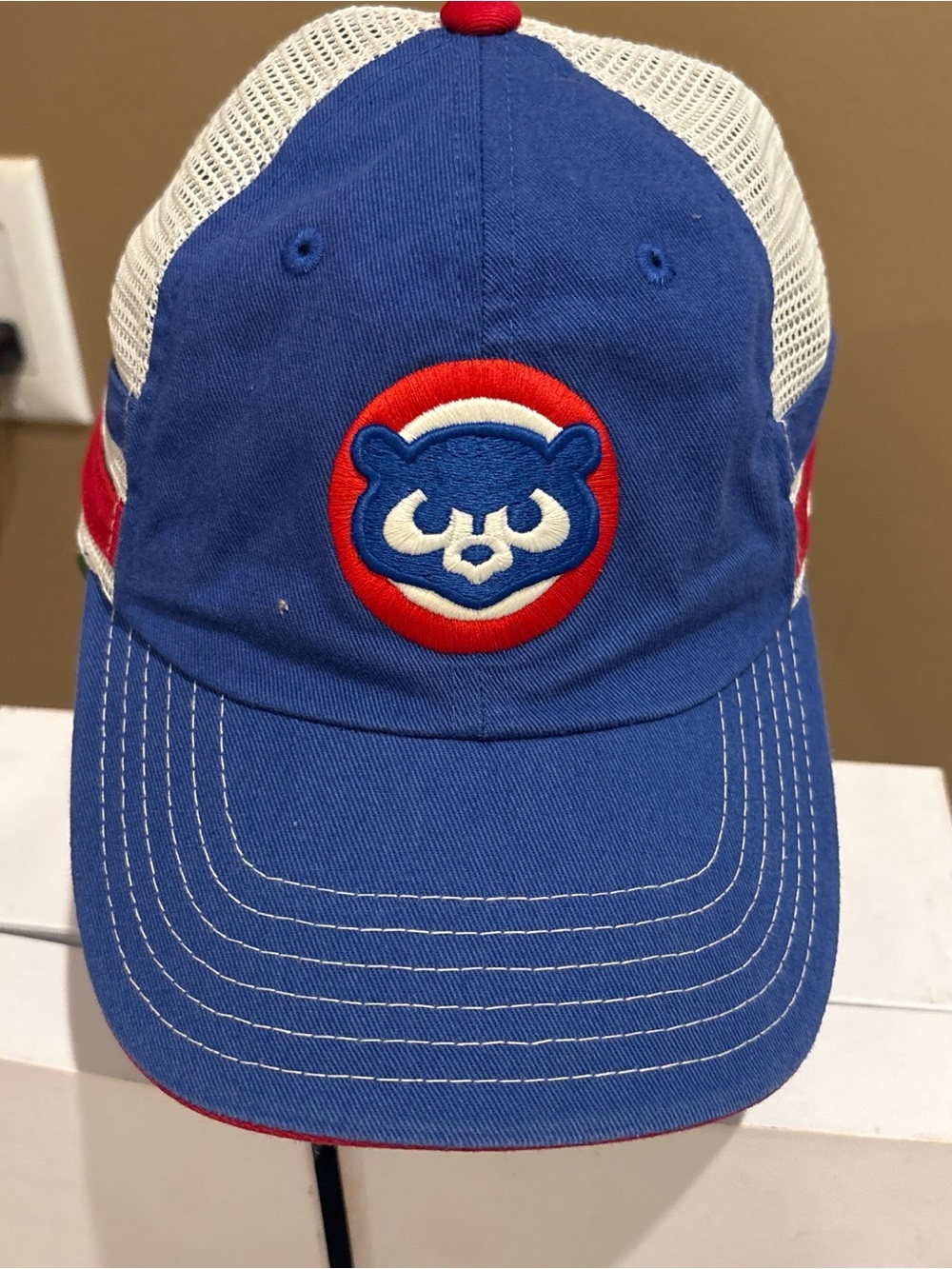 Cubs Blue Trucker Hat with Red and White Bear Patch